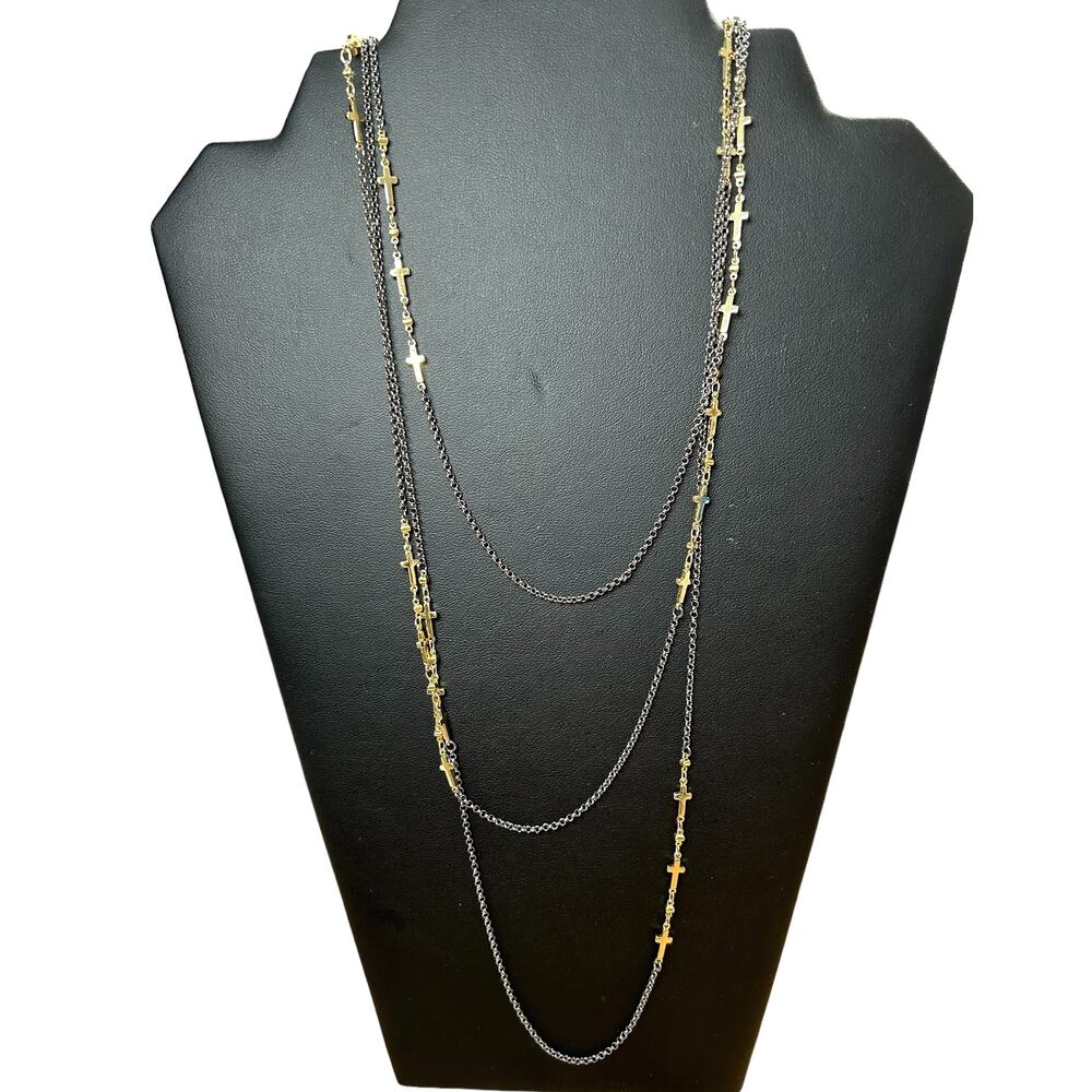 NEW Grace Collection Multi Strand Gun Metal and Gold Tone Crosses Necklace